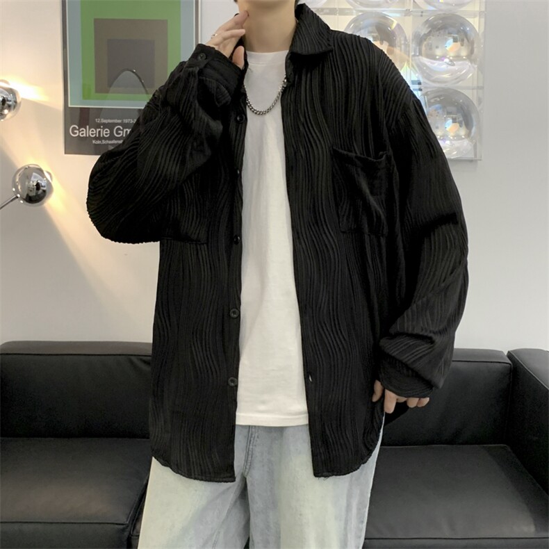 褶皱长袖衬衫男夏季设计感小众港风冰丝外套潮宽松衬衣W3791-P40,男装衬衫,星座512-2