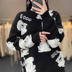 2023兔年本命年新款加厚衫情侣款圆领红色毛衣显瘦百搭，女装羊毛衫，斯尔特羊绒