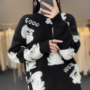 2023兔年本命年新款加厚衫情侣款圆领红色毛衣显瘦百搭,女装羊毛衫,斯尔特羊绒