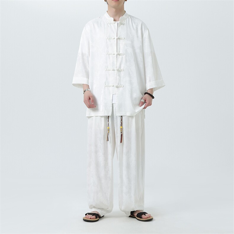 2025夏季新款七分袖衬衫休闲裤子风男士套装TZ100-P110,男装衬衫,电商A008