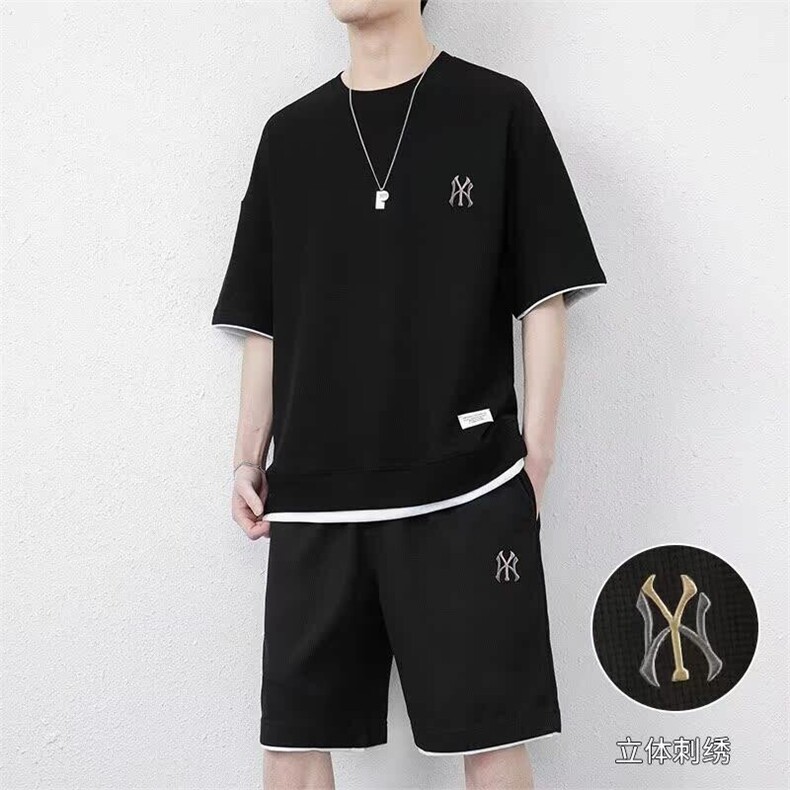 网图7538-P55男夏季短袖短裤家居服薄款宽松休闲华夫格运动套装,男装牛仔裤,电商D310B-1