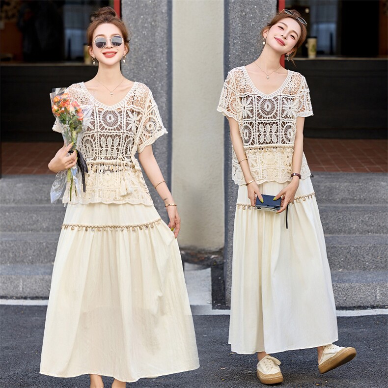 度假风绝美套装连衣裙女2025夏新款时尚镂空钩花小衫半身裙两件套，女装套装/套裙，妙形