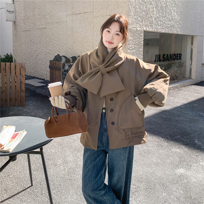 韩系拼接撞色格子围巾短款羽绒服女2025冬立领宽松小个子减龄外套,女装羽绒服,艾米莉亚