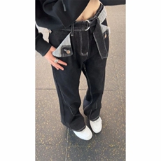 丹宁裤子腰带复古格纹撞色拼接美式设计感阔腿高街牛仔裤秋冬男女，男装牛仔裤，四季星座505