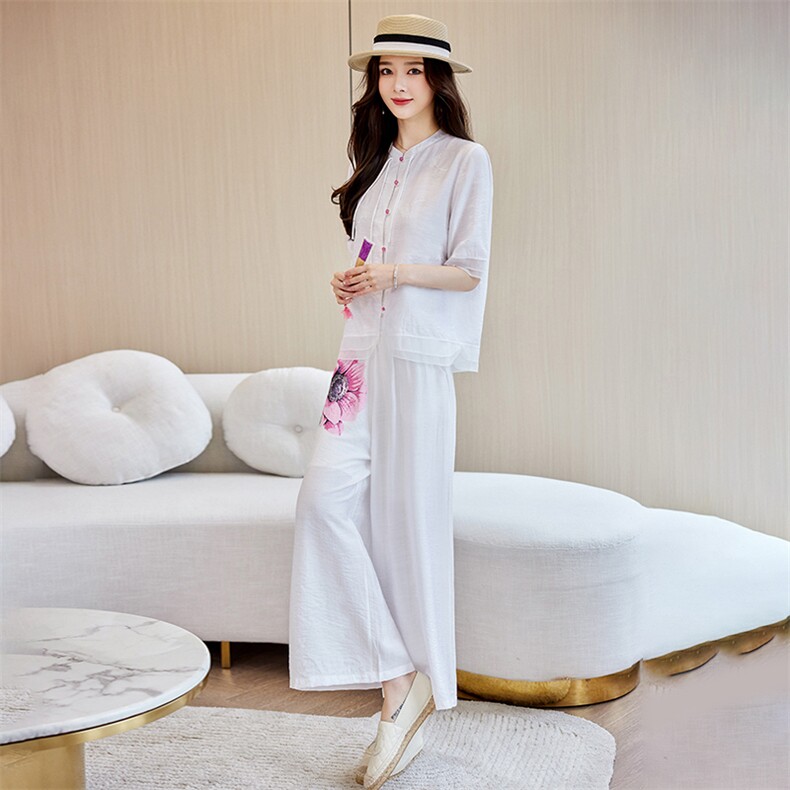 碎花上衣棉麻套装高端女装2025夏季时尚亚麻阔腿裤气质印花两件套,女装套装/套裙,阳光伊恋