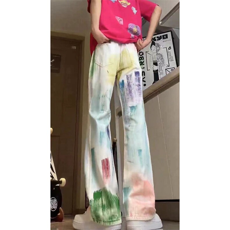 美式ins高街hiphop破洞多巴胺彩色涂鸦牛仔货号K2306P55,男装牛仔裤,电商A063