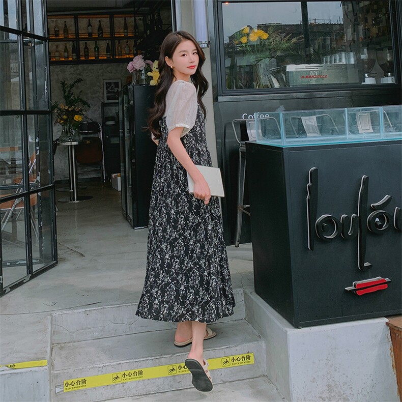 法式复古吊带连衣裙女夏季2025新款气质雪纺碎花长裙子,女装连衣裙,帛香坊