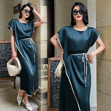 2022夏季新款时尚气质圆领宽松舒适开叉裙摆连衣裙2022年夏季中腰，女装连衣裙，时尚俏佳人