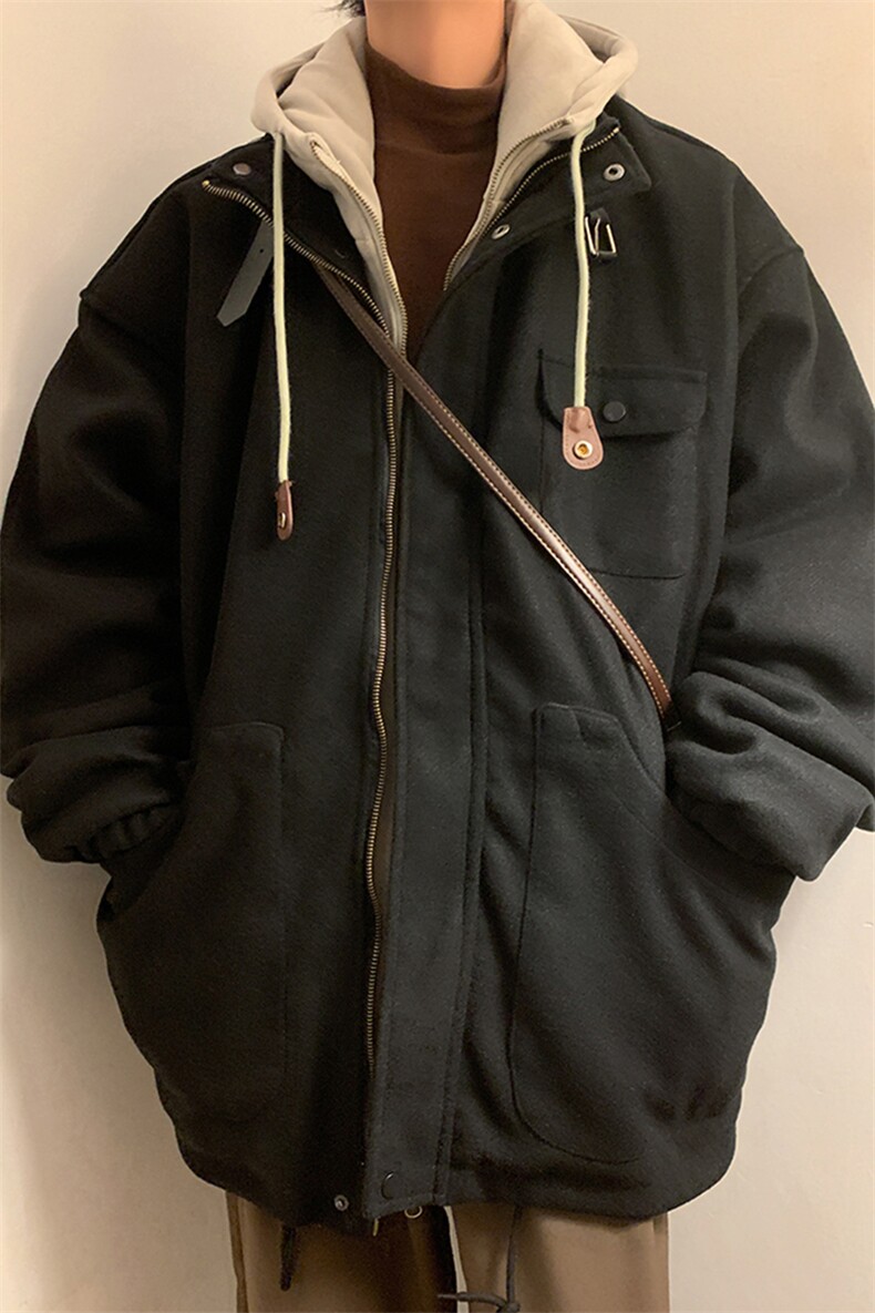 EQ158冬季港风日系加厚毛呢大衣连帽棉衣棉服假两件宽松外套P145,男装棉衣,电商C306-1