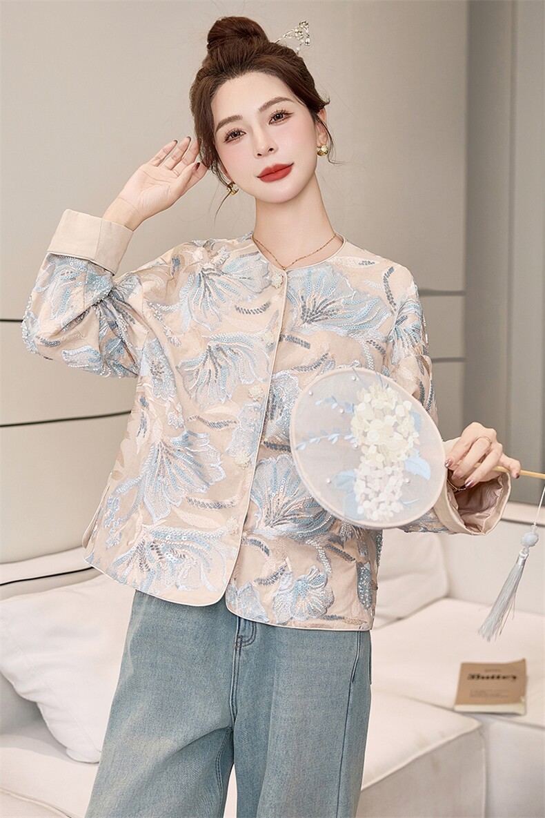 蓝色国风新中式刺绣圆领外套女装2025新款早春气质百搭显瘦上衣,女装短外套,天丝秀
