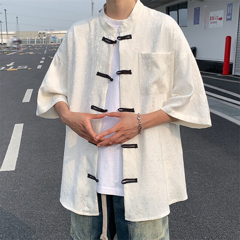 2026夏新款潮男新中式碎花盘扣短袖五分袖衬衫CS380/特P35白色2,男装衬衫,电商A094