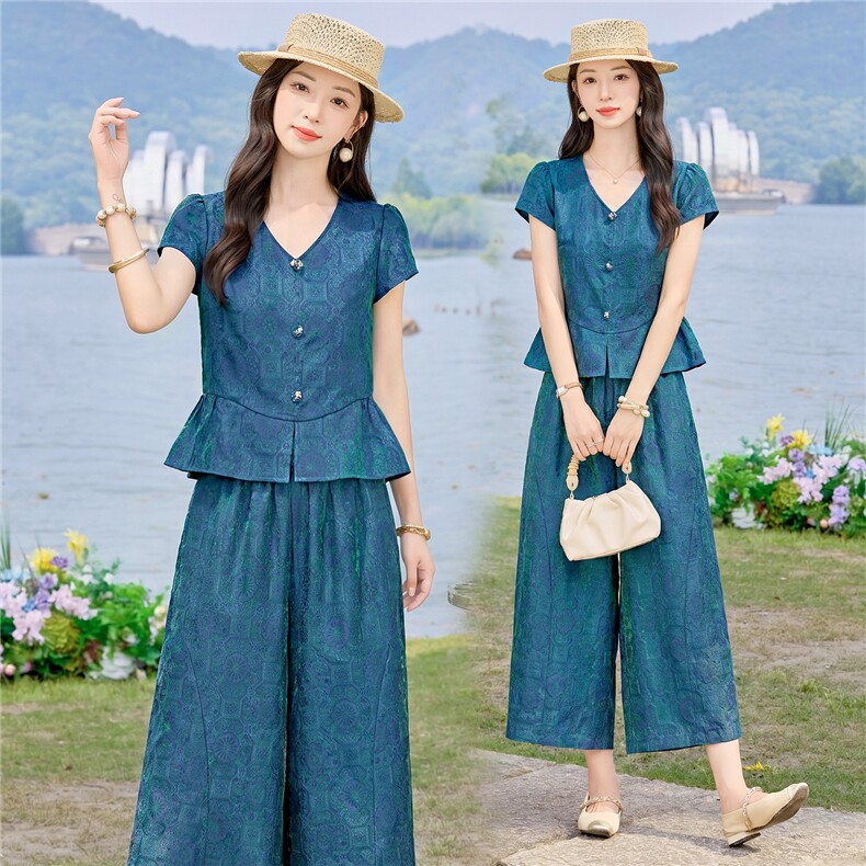 现货2026夏季新中式老钱风提花新款套装两件套套装,女装套装/套裙,伊仟回