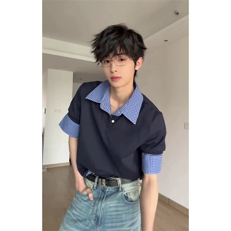 网图有货夏季美式藏青色假两件格子拼接polo领短袖男女A600-P40,男装T恤,星座1505