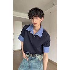网图有货夏季美式藏青色假两件格子拼接polo领短袖男女A600-P40，男装T恤，星座1505