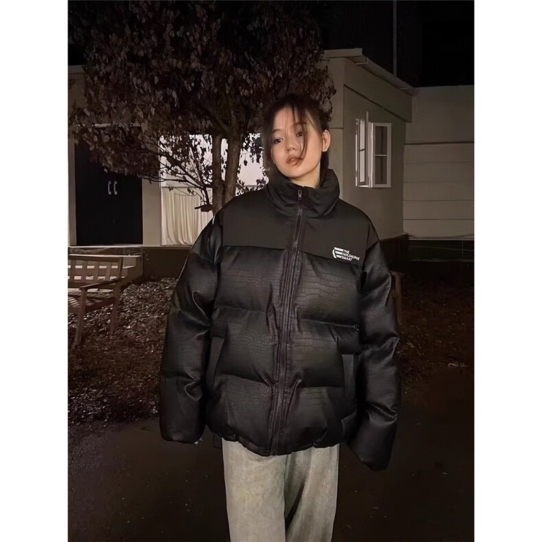 冬季美式复古PU皮棉衣拼色立领面包棉服外套男女图片