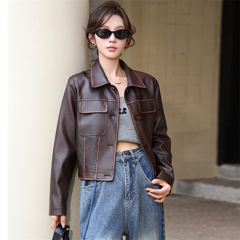 2024新款安哥拉色立领小皮衣女短款机车百搭修身外套夹克春秋装，女装皮衣，美拉德工厂直营店