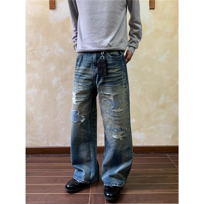美式做旧直筒破洞补丁牛仔裤男潮高街vibe休闲阔腿裤LN16044-P55,男装牛仔裤,星座1008