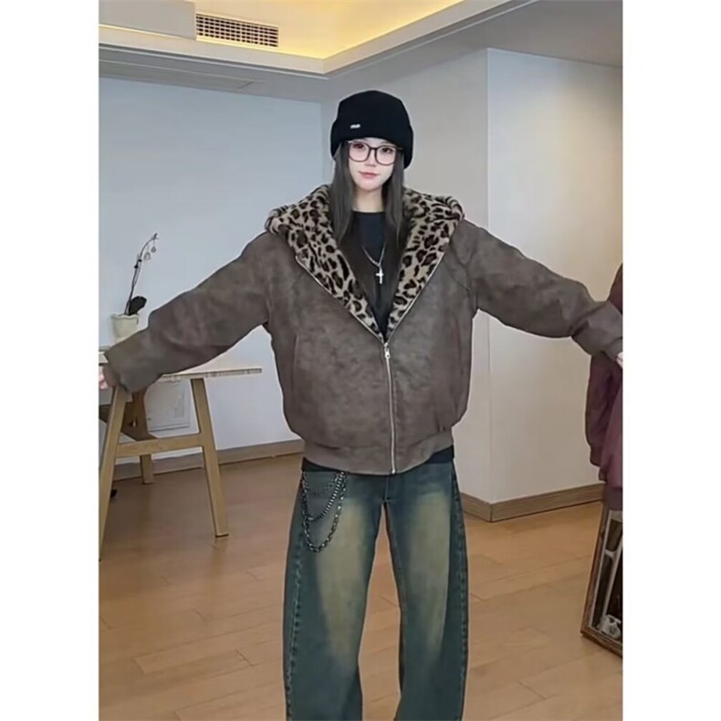 美式复古连帽豹纹男女双面穿座山雕棉服PU磨砂皮棉衣秋冬街头外套,男装棉衣,星座506A