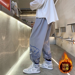 秋冬季新港风加绒加厚休闲裤男潮牌印花束脚裤K02114-P45加绒P55图片