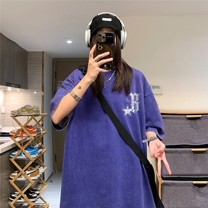 EQ205*水洗美式复古短袖男女学院风做旧T恤潮流印花体恤2024新款图片