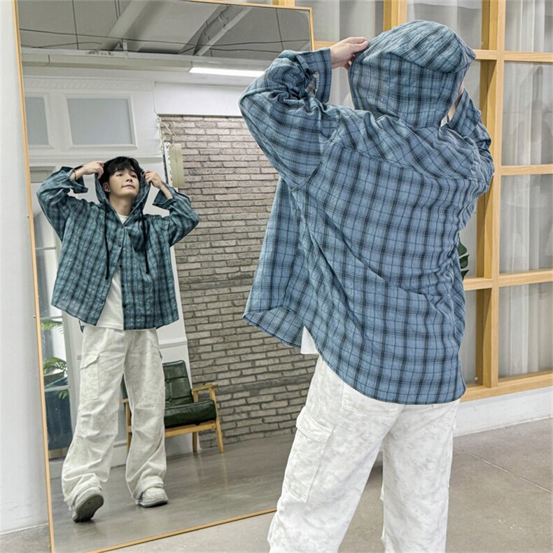 长袖连帽格子衬衫男女款春复古格纹休闲慵懒情侣衬衣特价35,男装衬衫,星座710