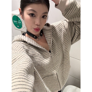 美式复古条纹拉链开衫连帽卫衣男女宽松休闲百搭情侣外套 WA231图片