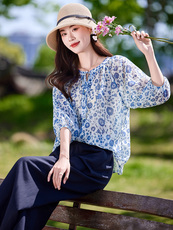 时尚休闲气质衬衫套装女2025夏新款宽松减龄显瘦亚麻阔腿裤两件套，女装套装/套裙，靓衣阁