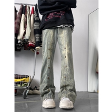 美式废土风复古黄泥色铆钉印花牛仔裤2XZ502-K711-P70控95，男装牛仔裤，星座502