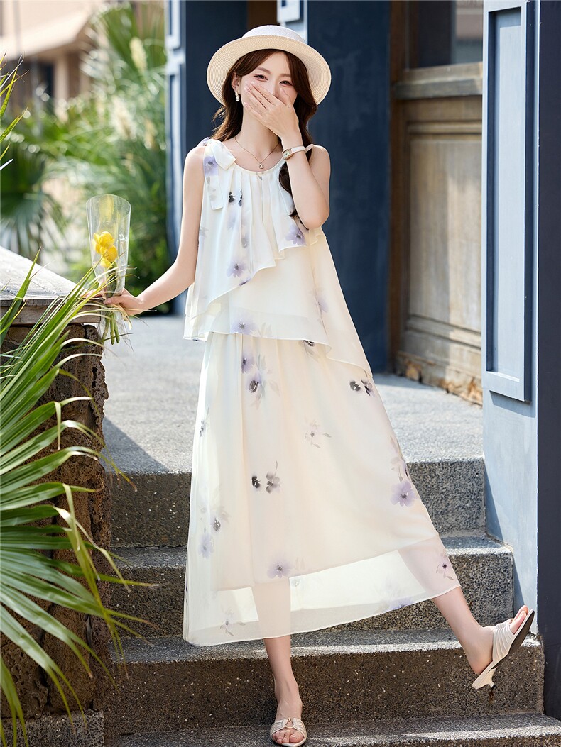 DLM8661白色花朵印花套装女夏无袖上衣半身裙两件套,女装套装/套裙,朵莱米