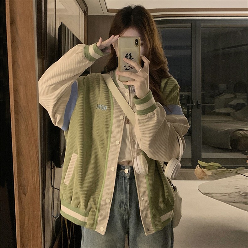 新款宽松bf风撞色拼接灯芯绒棒球服ins潮夹克外套C376-90图片