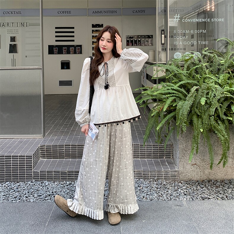 温柔系穿搭甜美流苏娃娃衫套装女秋2025新款显瘦波点阔腿裤两件套,女装套装/套裙,2C052