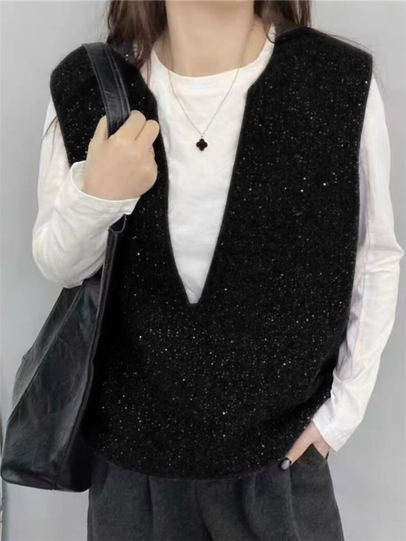 2025年秋季新款百搭女士亮片V领马甲，女装针织衫/毛衣，嘉日羊绒