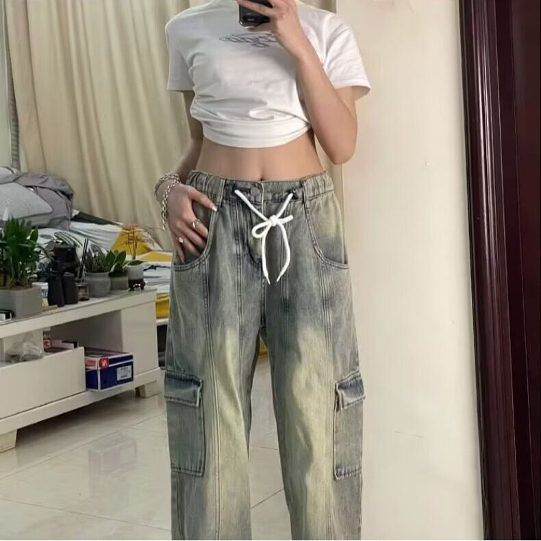 美式复古做旧黄泥染抽绳工装牛仔裤男女款松紧腰宽松休闲直筒长裤,男装牛仔裤,星座506A