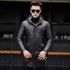 海宁修身皮衣中长款羽绒服男绵羊皮夹克男连帽外套潮P710,男装皮衣,电商B360