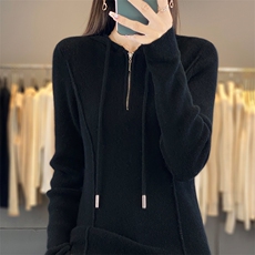 秋冬新款时尚百搭修身显瘦羊毛针织衫女长袖连帽外套，女装羊毛衫，绒迪羊绒