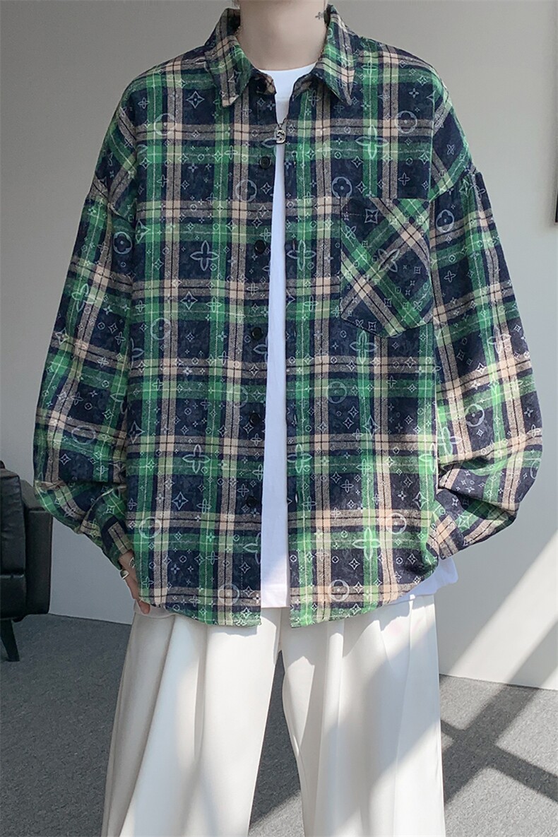 衬衫男秋季新款港风宽松大码格子扎染长袖衬衣CS507-P35,男装衬衫,星座214-3