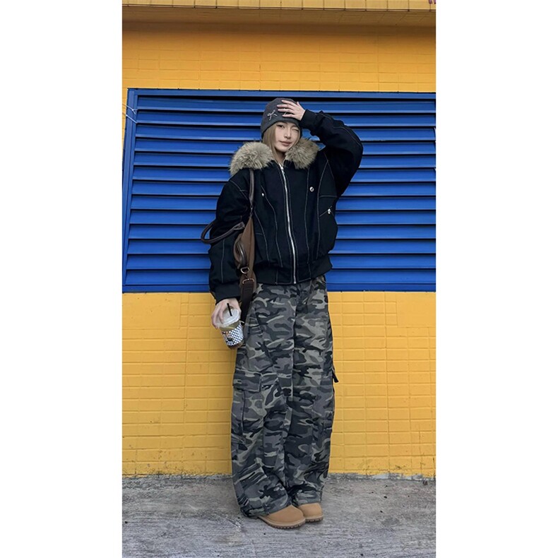 现货重磅boxy短款棉衣座山雕大毛毛领男女棉服水洗工装厚外套,男装棉衣,电商A486-1