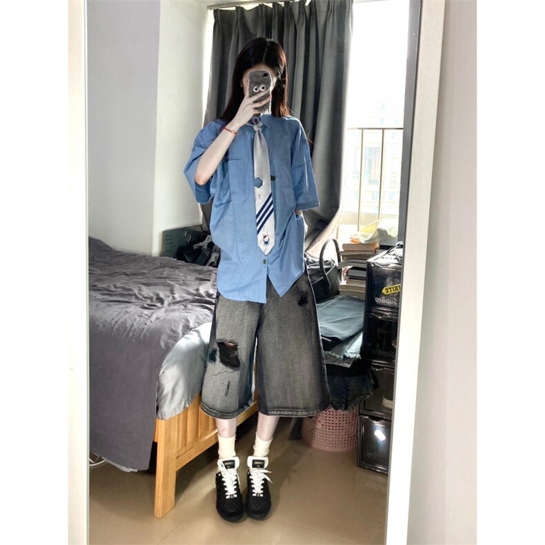 【网图有货】水洗破洞复古牛仔短裤男女宽松七分裤D622CC-特P40,男装牛仔裤,星座1007（原301D）