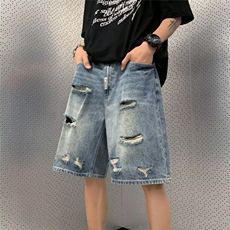 港风破洞牛仔短裤男夏季薄款直筒宽松中裤1001-1-DK803-P42，男装牛仔裤，星座1001-1