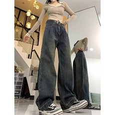 现货复古阔腿牛仔裤男女春秋冬年新款水泥灰美式高腰宽松加绒裤子，男装牛仔裤，星座302B-2