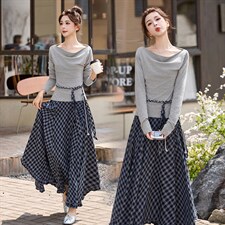 现货现货格子半身裙女收腰2026春装新款超火穿搭一整套裙，女装套装/套裙，伊仟回