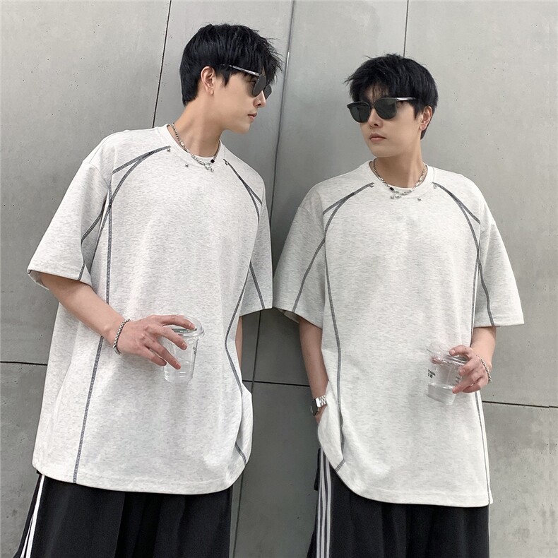 美式复古线头设计感短袖夏季圆领铆钉装饰T恤男女T802-P38,男装T恤,电商C307A