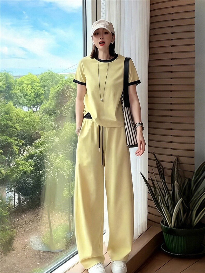 女夏季新款时尚运动套装宽松显瘦圆领拼接短袖上衣阔腿长裤两件套,女装套装/套裙,江南