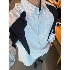 解构拼接条纹长袖衬衫美式复古高级感痞帅衬衣男女宽松休闲外套潮，男装衬衫，星座208-5