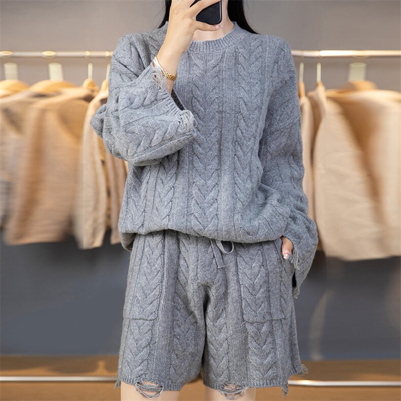 时尚秋季新款气质简约百搭潮流女士针织短裤套装,女装套装/套裙,悦玛羊绒