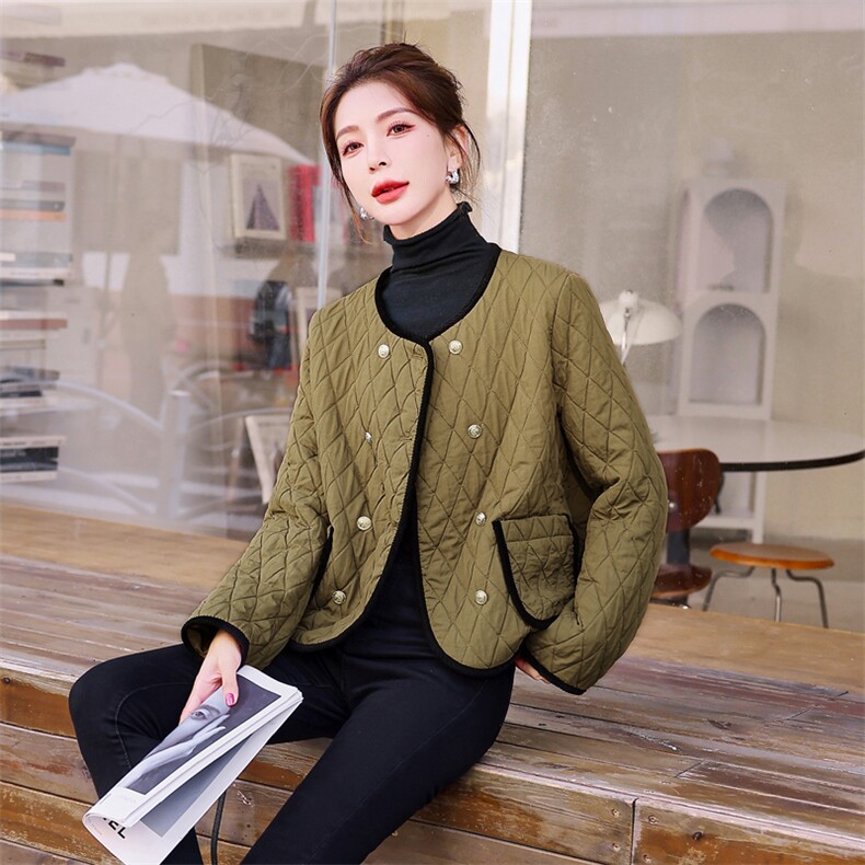 现货-韩系双排扣圆领小香风棉服外套2024冬季新款宽松百搭气质,女装棉衣/棉服,霓裳依族