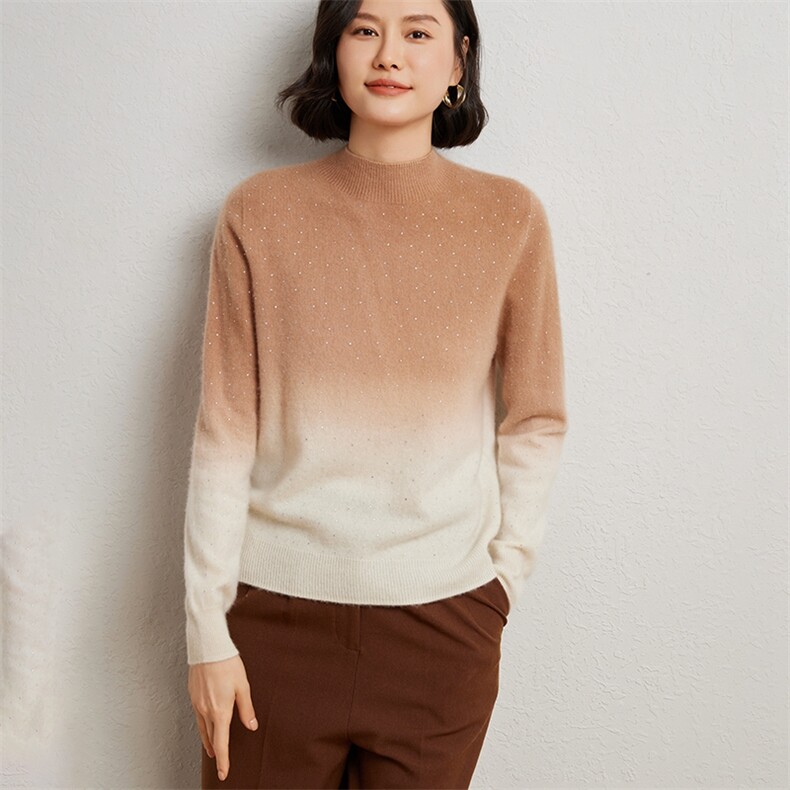 女士一线吊染加烫钻半高领衫10%,女装羊绒衫,臻维羊绒