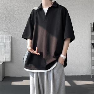 8XL-M假两件V领短袖t恤男夏翻领半袖宽松重磅华夫格大码DT001P40图片