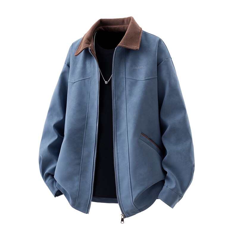 可二开巴恩风撞色翻领M-5XL大码皮衣男夹克立体图JK78110P85控138，男装夹克，星座227-7