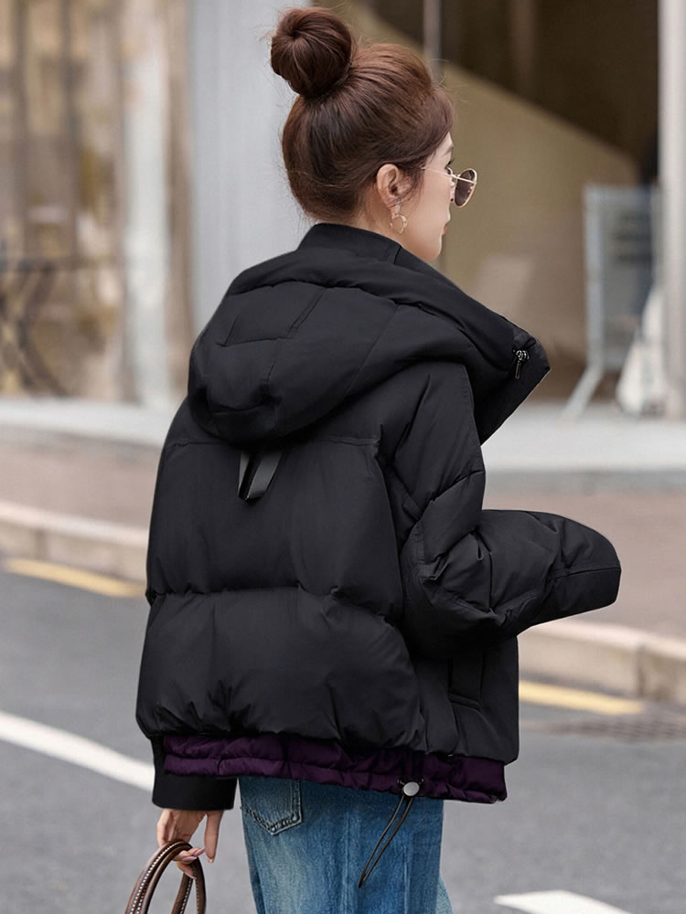 时尚撞色休闲连帽短款羽绒服女冬新款宽松加厚保暖白鸭绒外套,女装羽绒服,韩蔻秀